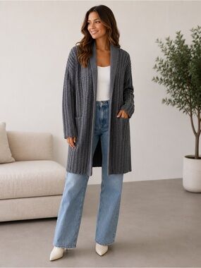 CAbi Long Ribbed Open-Front Cardigan - Charcoal Gray